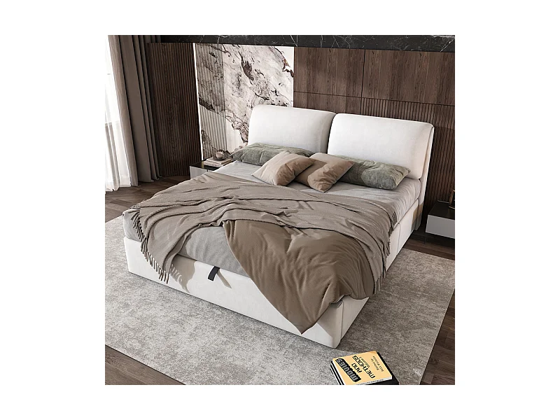 Cama baú em veludo branco, 180 x 200 cm, com 3 gavetas e cabeceira ajustável, carga máx. 300kg