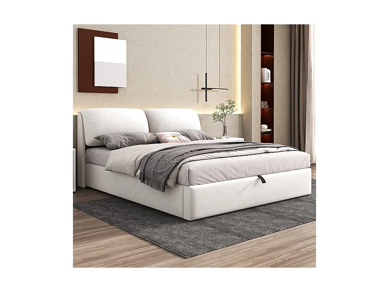 Cama baú em veludo branco, 180 x 200 cm, com 3 gavetas e cabeceira ajustável, carga máx. 300kg