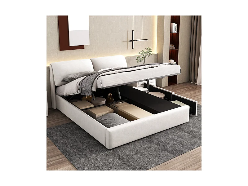 Cama baú em veludo branco, 180 x 200 cm, com 3 gavetas e cabeceira ajustável, carga máx. 300kg