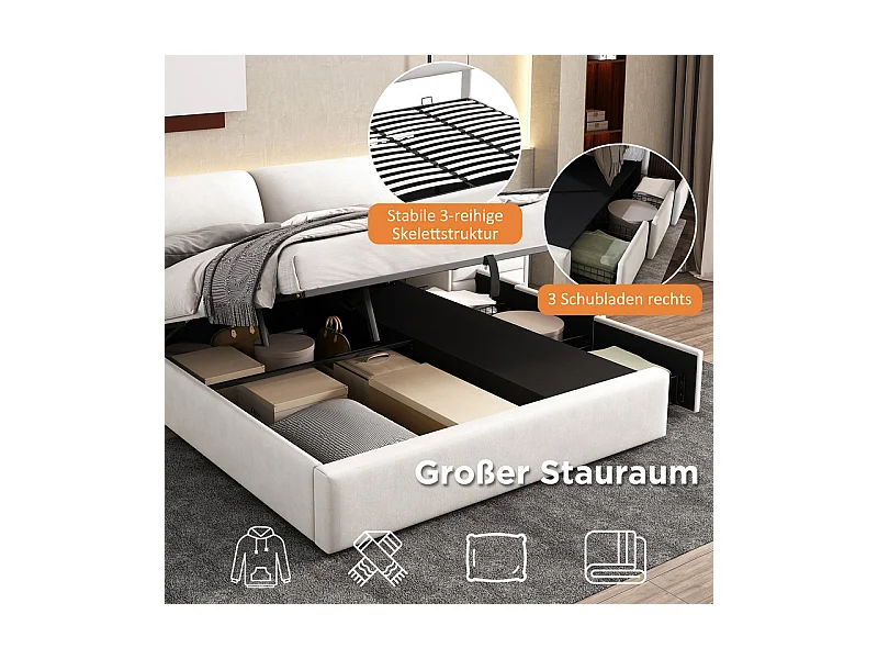 Cama baú em veludo branco, 180 x 200 cm, com 3 gavetas e cabeceira ajustável, carga máx. 300kg