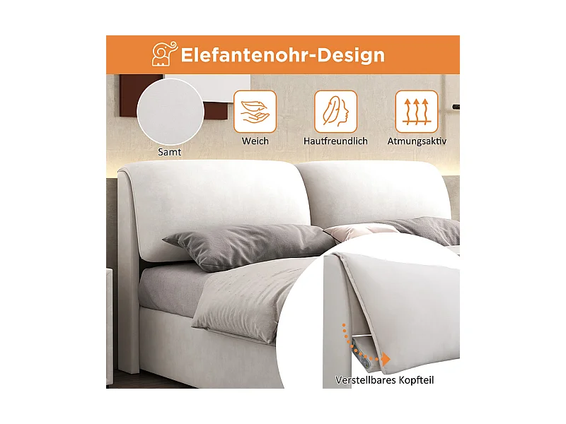 Cama baú em veludo branco, 180 x 200 cm, com 3 gavetas e cabeceira ajustável, carga máx. 300kg