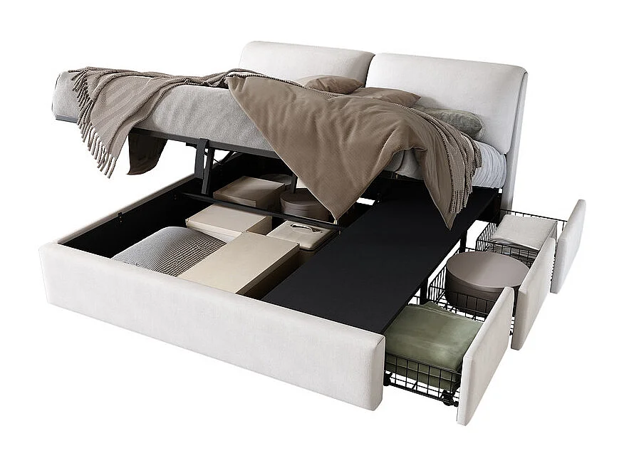 Lit coffre en velours blanc, 180 x 200 cm, avec 3 tiroirs et tête de lit réglable, charge max 300kg