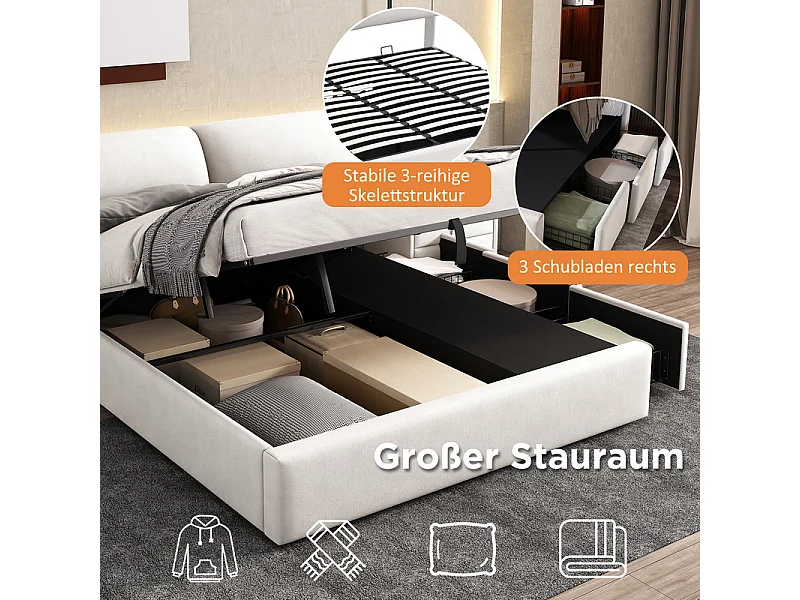 Lit coffre en velours blanc, 180 x 200 cm, avec 3 tiroirs et tête de lit réglable, charge max 300kg