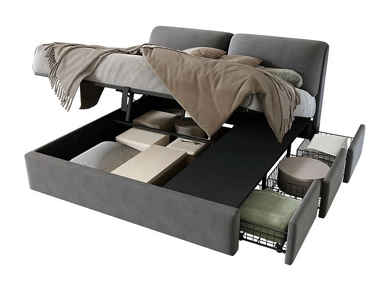 Boxspringbett aus grauem Velours, 160 x 200 cm, mit 3 Schubladen und verstellbarem Kopfteil, max. Belastung 300kg