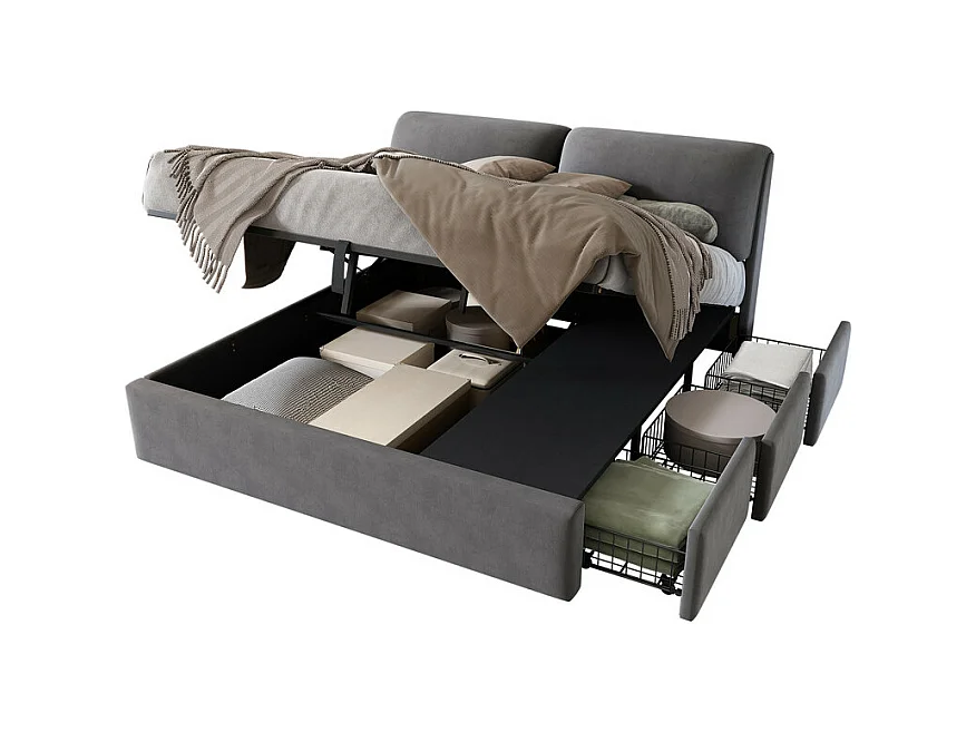 Cama baú em veludo cinza, 160 x 200 cm, com 3 gavetas e cabeceira ajustável, carga máx. 300kg