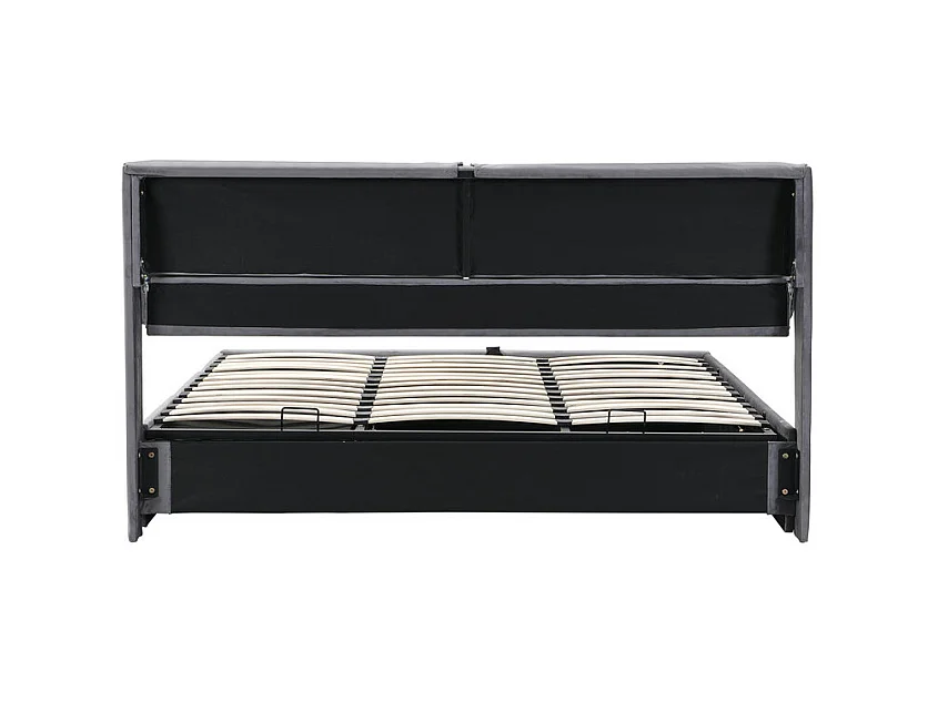 Cama baú em veludo cinza, 160 x 200 cm, com 3 gavetas e cabeceira ajustável, carga máx. 300kg