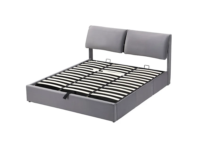 Cama baú em veludo cinza, 160 x 200 cm, com 3 gavetas e cabeceira ajustável, carga máx. 300kg