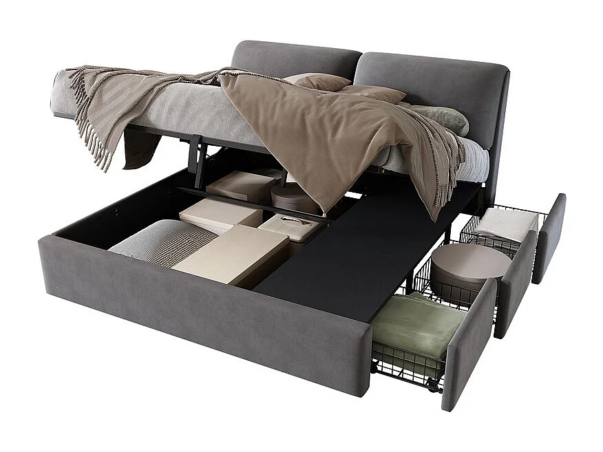 Cama nido en terciopelo gris, 160 x 200 cm, con 3 cajones y cabecero ajustable, carga máx. 300kg