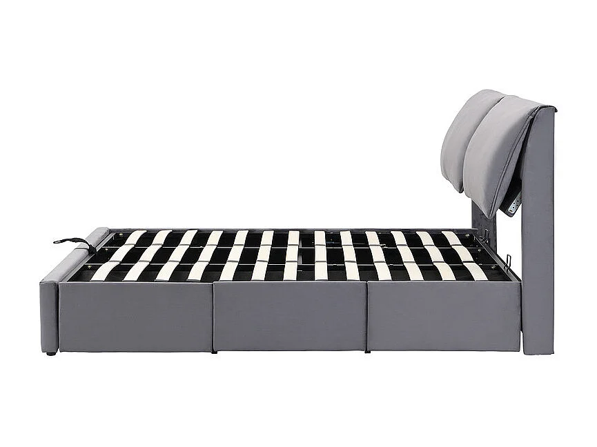 Cama nido en terciopelo gris, 160 x 200 cm, con 3 cajones y cabecero ajustable, carga máx. 300kg