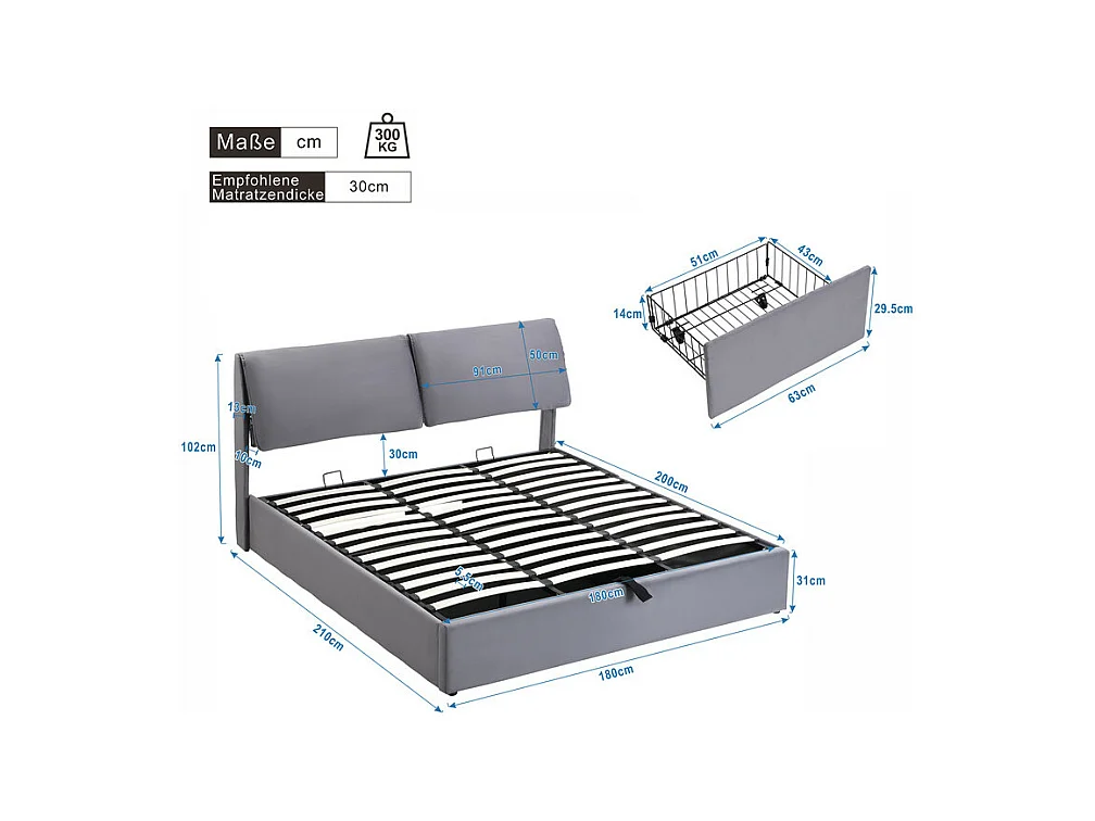 Cama baú em veludo cinza, 180 x 200 cm, com 3 gavetas e cabeceira ajustável, carga máx. 300kg