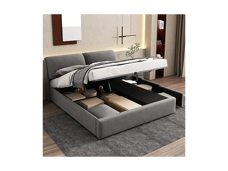 Cama baú em veludo cinza, 180 x 200 cm, com 3 gavetas e cabeceira ajustável, carga máx. 300kg