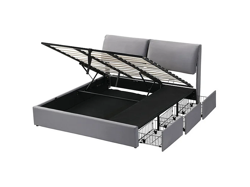 Cama baú em veludo cinza, 180 x 200 cm, com 3 gavetas e cabeceira ajustável, carga máx. 300kg
