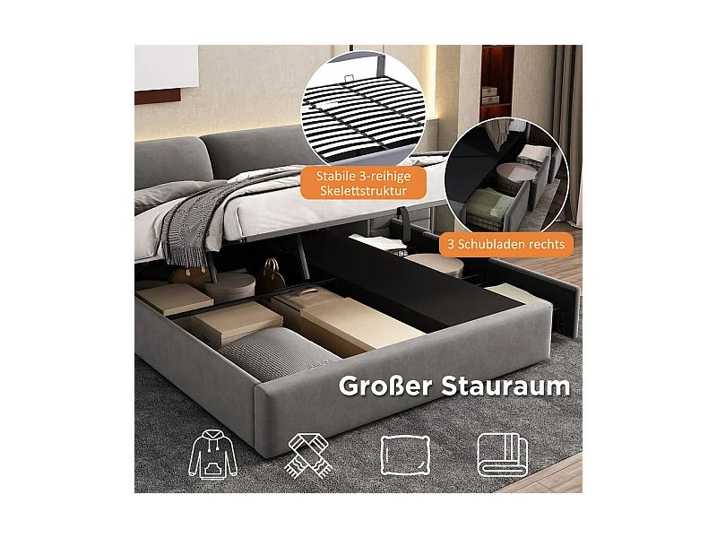 Cama baú em veludo cinza, 180 x 200 cm, com 3 gavetas e cabeceira ajustável, carga máx. 300kg