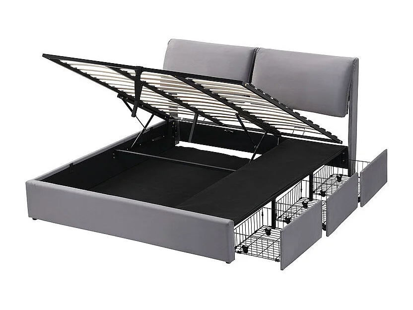 Lit coffre en velours gris, 180 x 200 cm, avec 3 tiroirs et tête de lit réglable, charge max 300kg