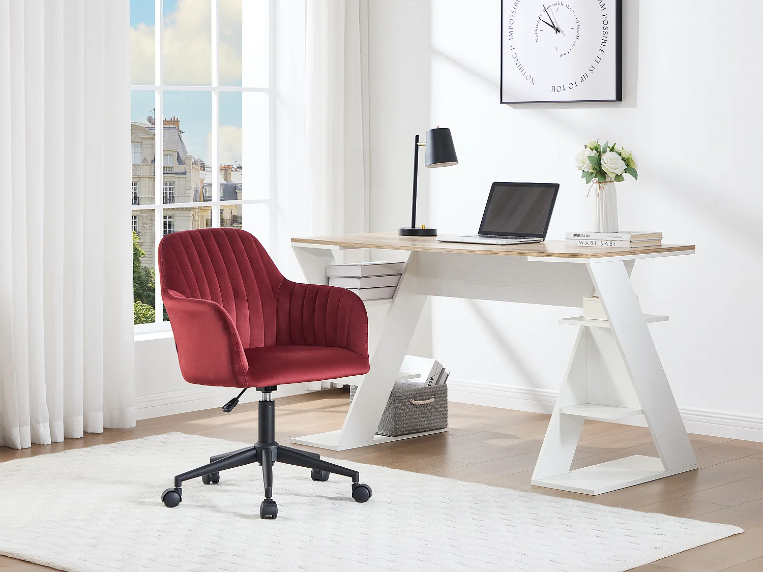 Bureaustoel - Fluweel - Bordeaux en zwart - Verstelbare hoogte - ELEANA
