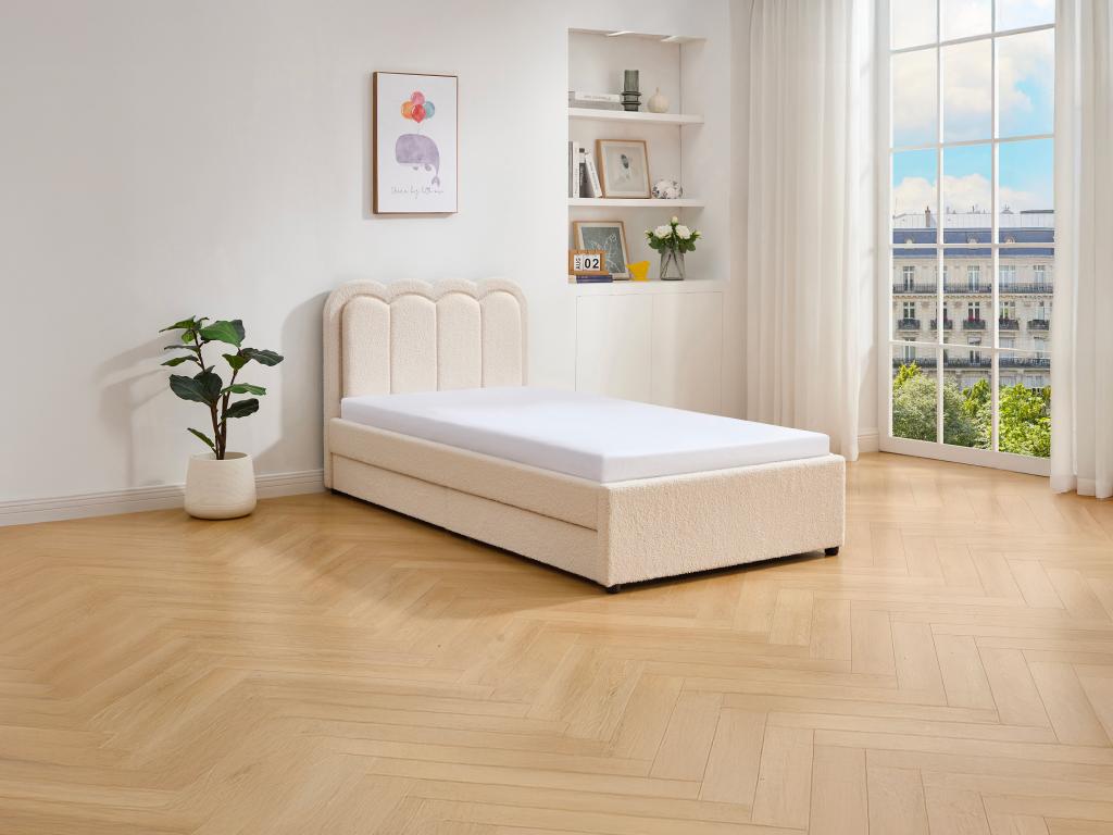 Bett 90 x 190 cm mit 2 Schubladen - Mit LEDs - Bouclé-Stoff - Creme - NESTI günstig online kaufen