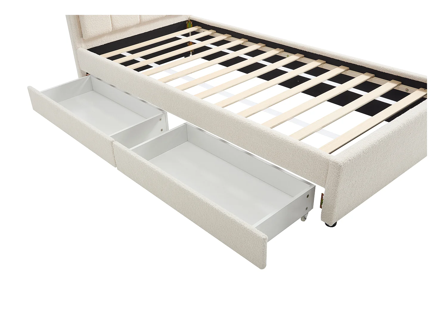 Seng 90 x 190 cm med 2 skuffer - Med LED-lys - Bouclé stof - Creme - NESTIAKO