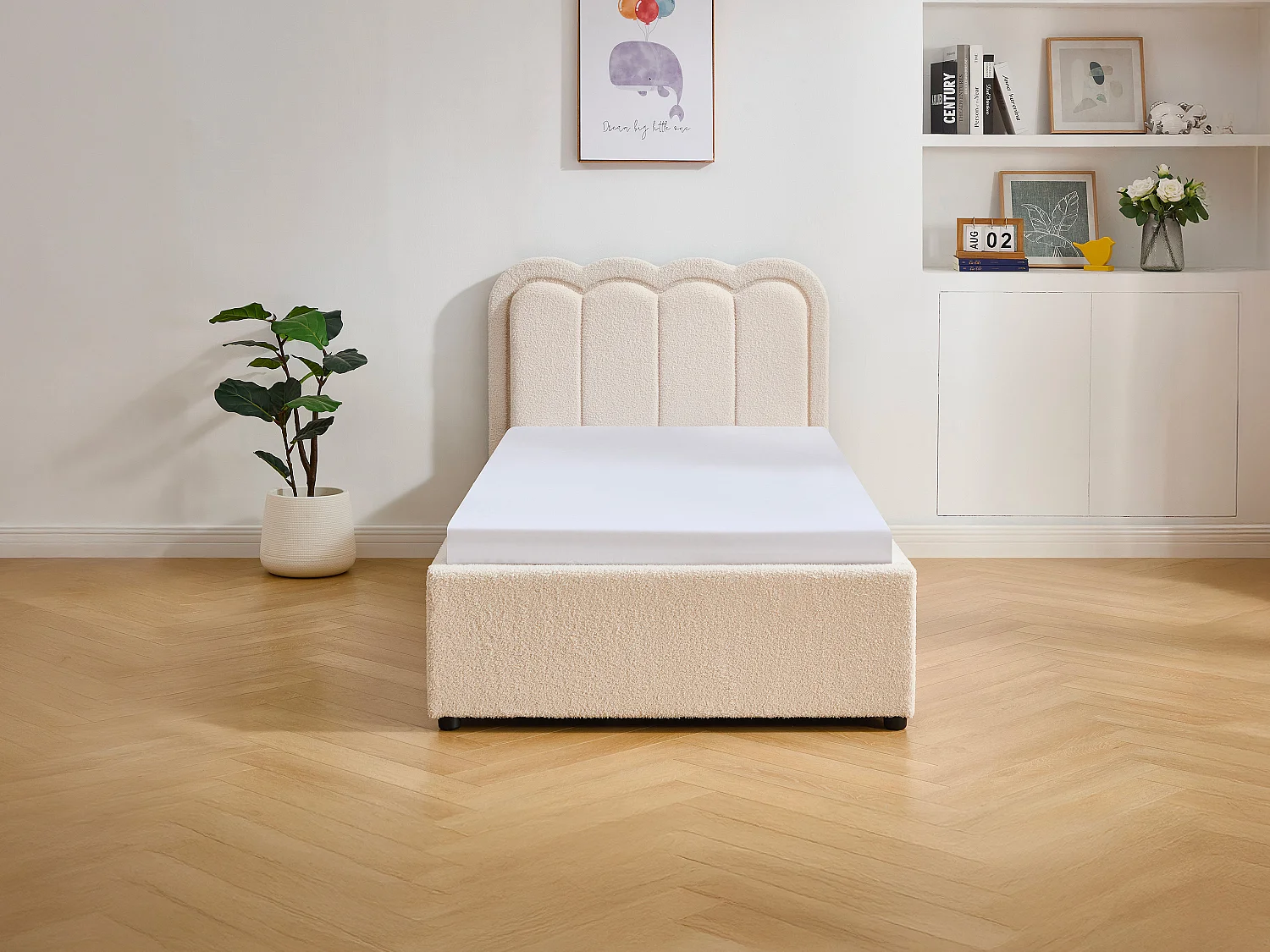 Seng 90 x 190 cm med 2 skuffer - Med LED-lys - Bouclé stof - Creme - NESTIAKO