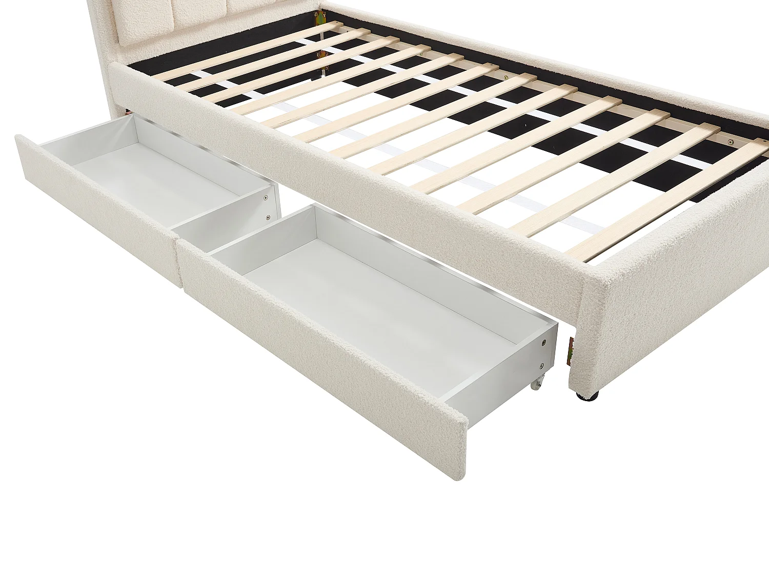 Säng 90 x 190 cm med 2 lådor - Med LED-belysning - Bouclé-tyg - Cremefärgad - NESTIAKO