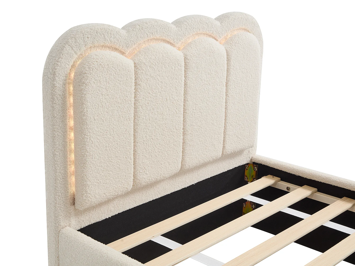 Säng 90 x 190 cm med 2 lådor - Med LED-belysning - Bouclé-tyg - Cremefärgad - NESTIAKO