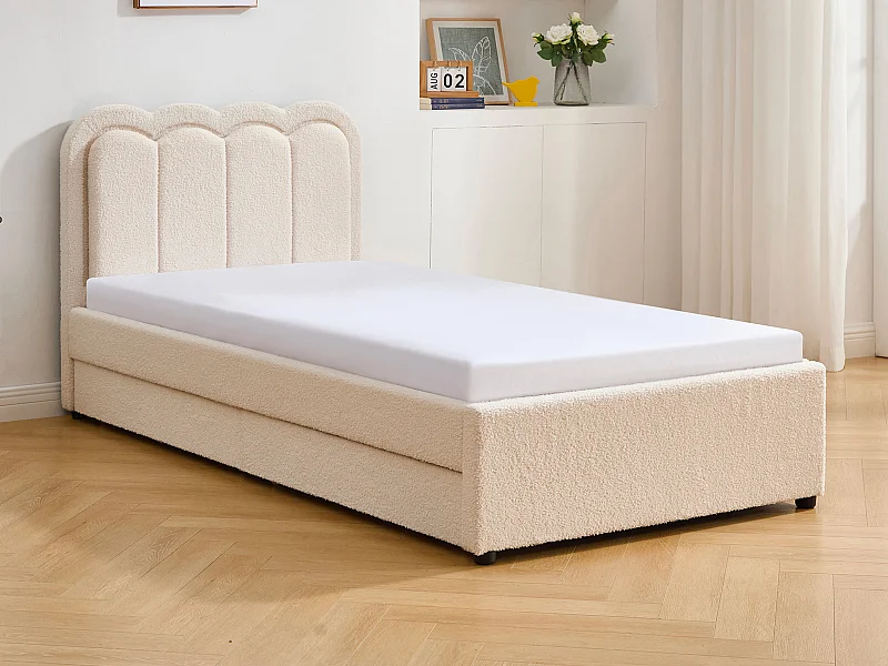 Seng 90 x 190 cm med 2 skuffer - Med LED-lys - Bouclé stof - Creme - NESTIAKO