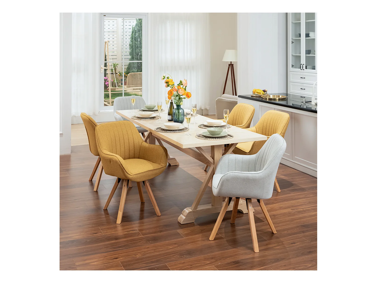 Lot de 6 fauteuil de salle à manger rotatif style scandinave en jaune tissu,CARSON