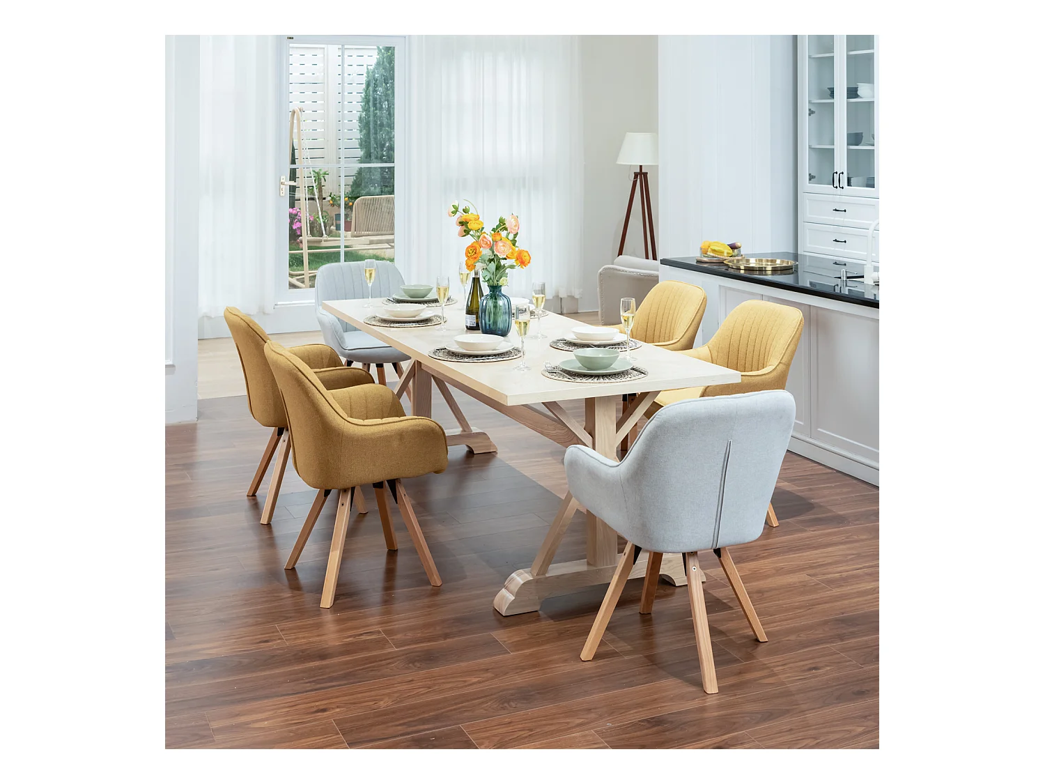 Lot de 6 fauteuil de salle à manger rotatif style scandinave en jaune tissu,CARSON