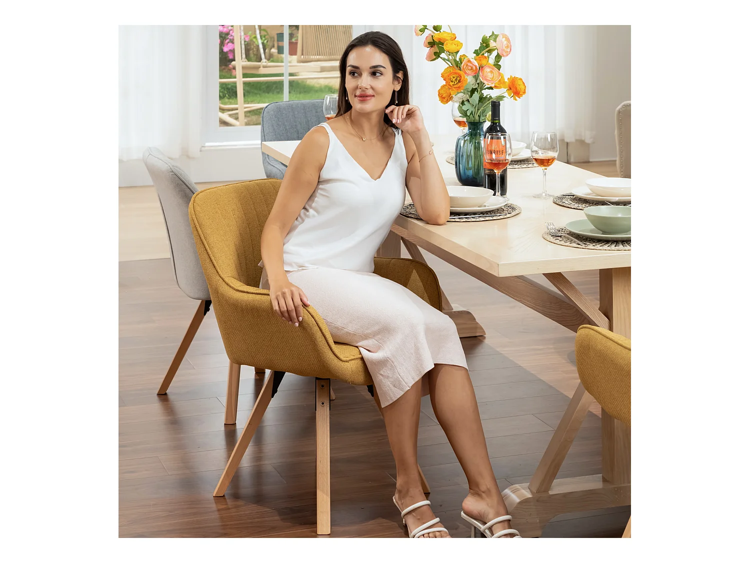 Lot de 6 fauteuil de salle à manger rotatif style scandinave en jaune tissu,CARSON