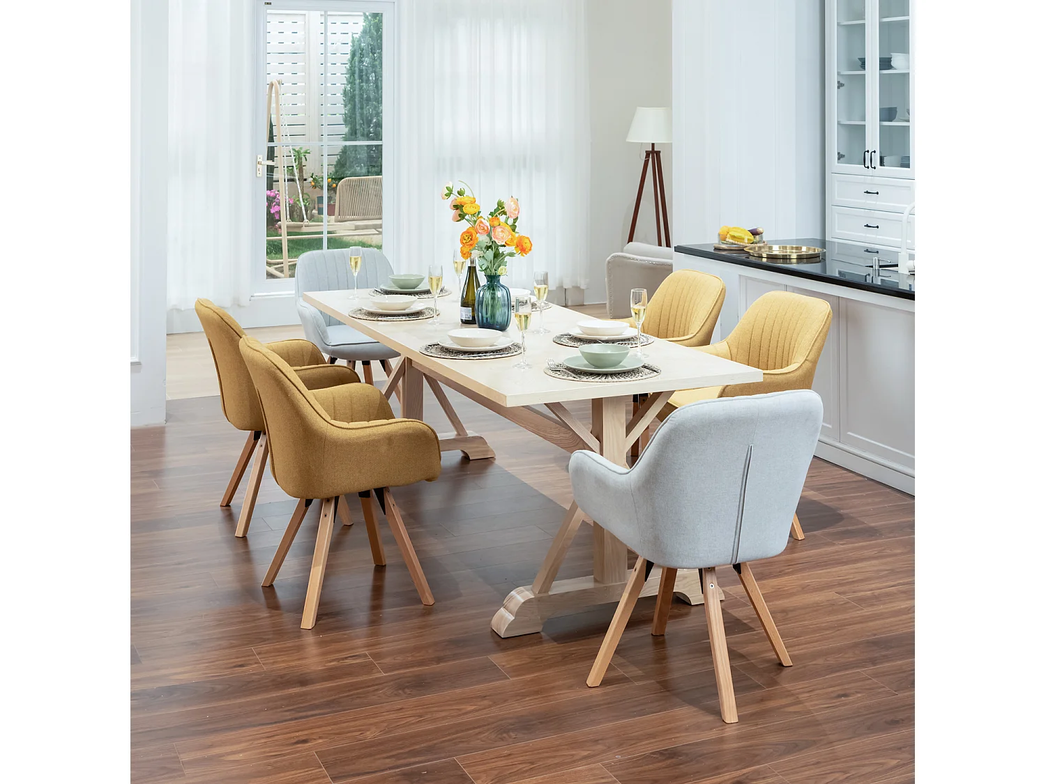 Lot de 6 fauteuil de salle à manger rotatif style scandinave en jaune tissu,CARSON