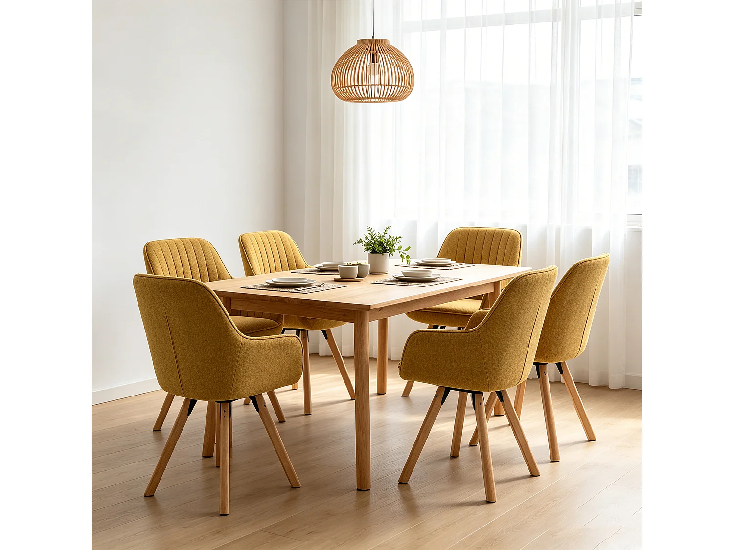 Meubles Cosy CARSON Lot de 6 fauteuils de salle à manger pivotants style scandinave tissu jaune