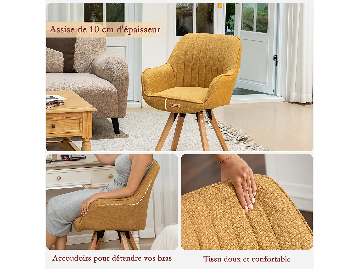 Lot de 6 fauteuil de salle à manger rotatif style scandinave en jaune tissu,CARSON