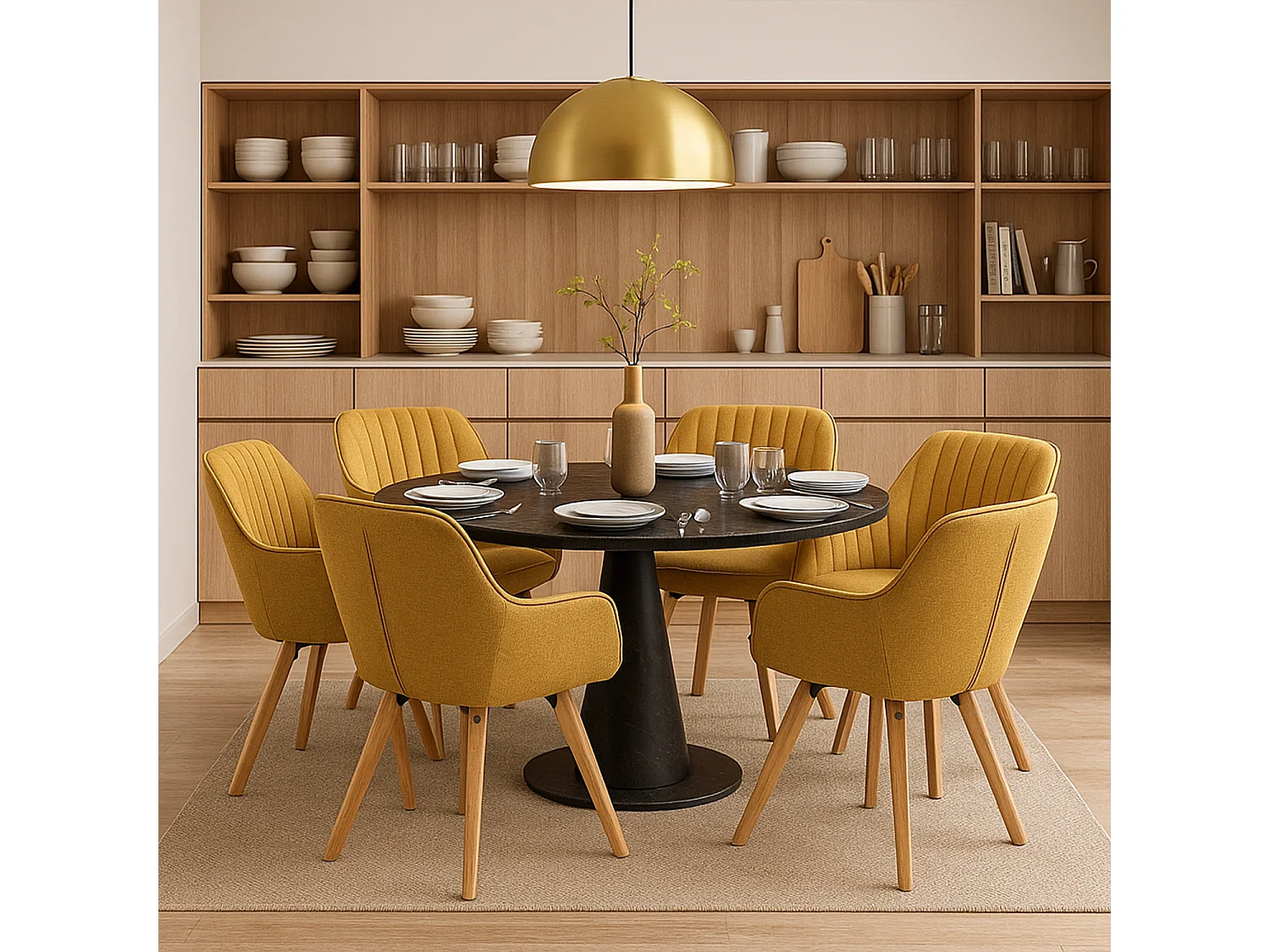 Meubles Cosy CARSON Lot de 6 fauteuils de salle à manger pivotants style scandinave tissu jaune