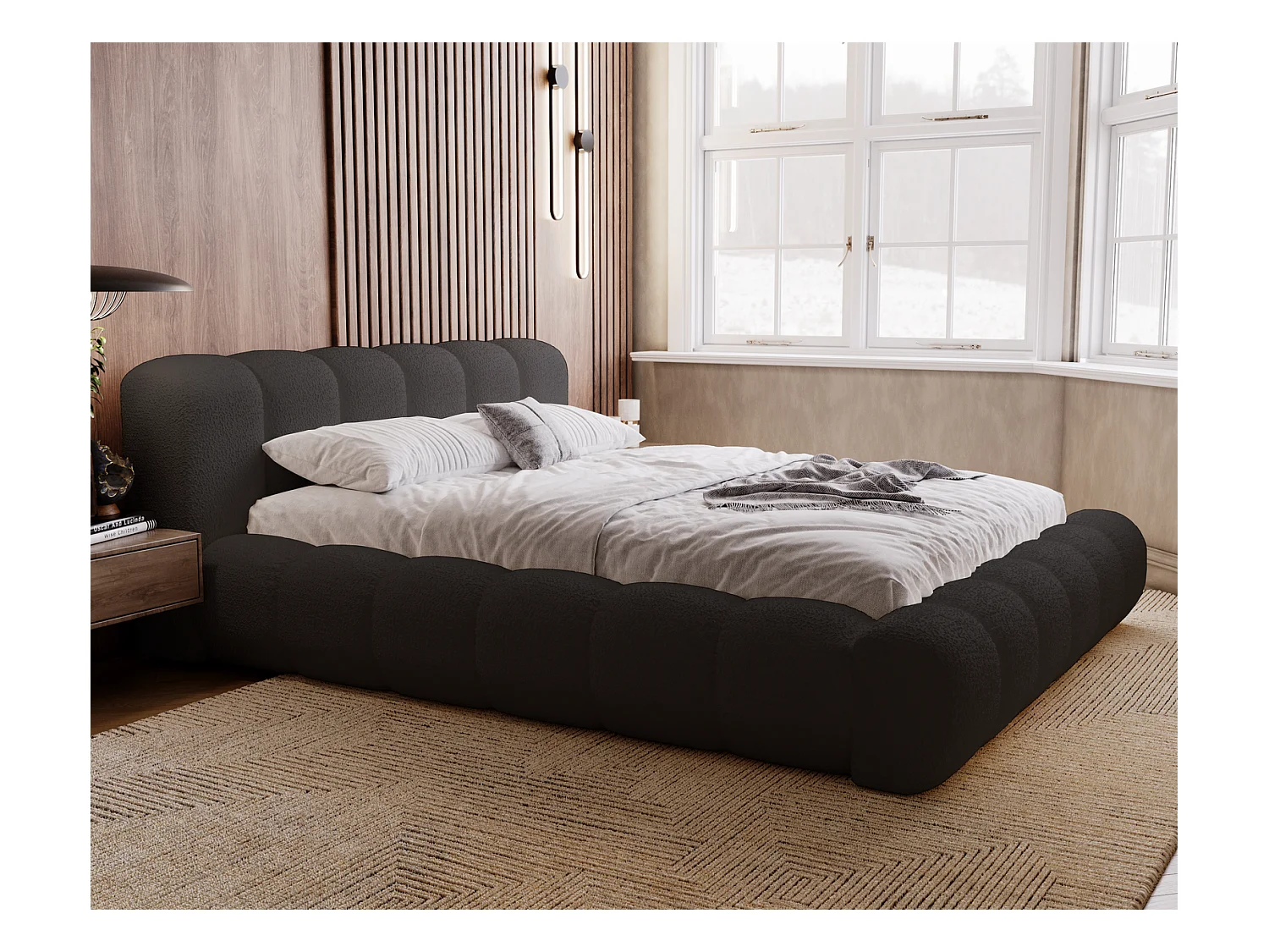 Emporius Cloud Lit rembourré 180x200 - Lit coffre avec rangement et sommier à lattes - Lit double 180x200 cm, tissu bouclé Noir (Anthology 19)