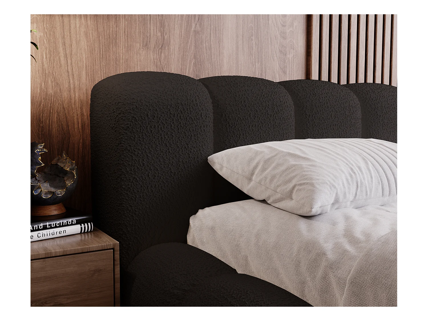 Emporius Cloud Lit rembourré 180x200 - Lit coffre avec rangement et sommier à lattes - Lit double 180x200 cm, tissu bouclé Noir (Anthology 19)