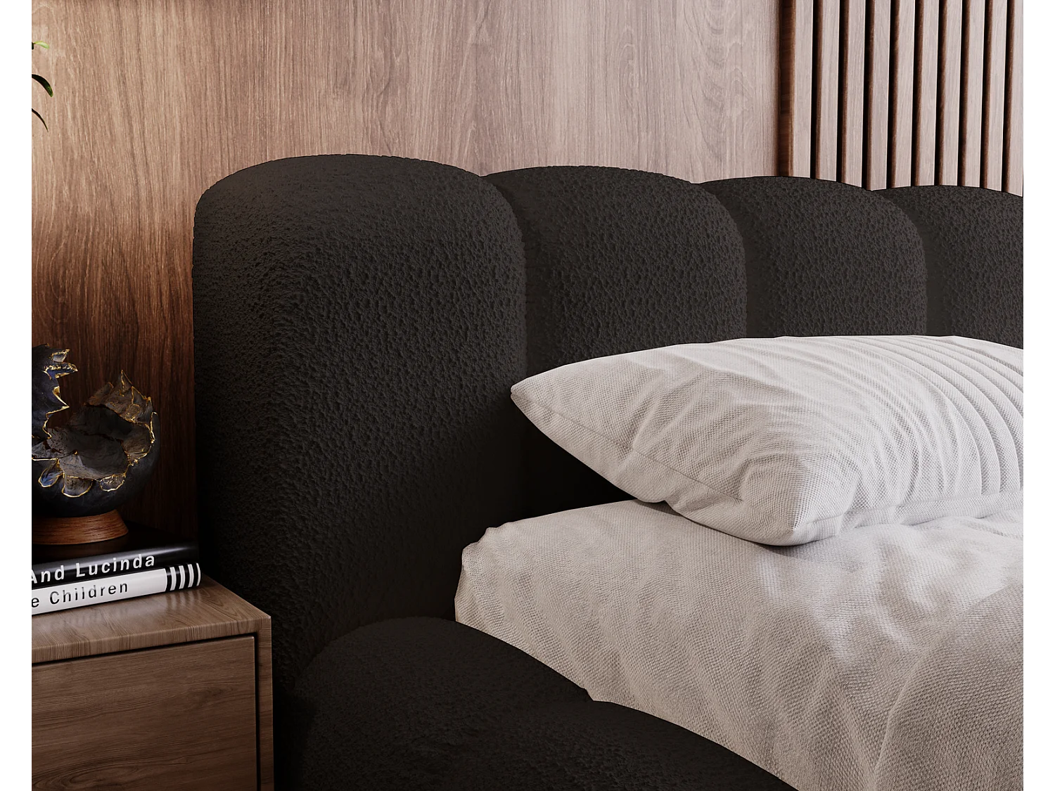 Emporius Cloud Lit rembourré 180x200 - Lit coffre avec rangement et sommier à lattes - Lit double 180x200 cm, tissu bouclé Noir (Anthology 19)