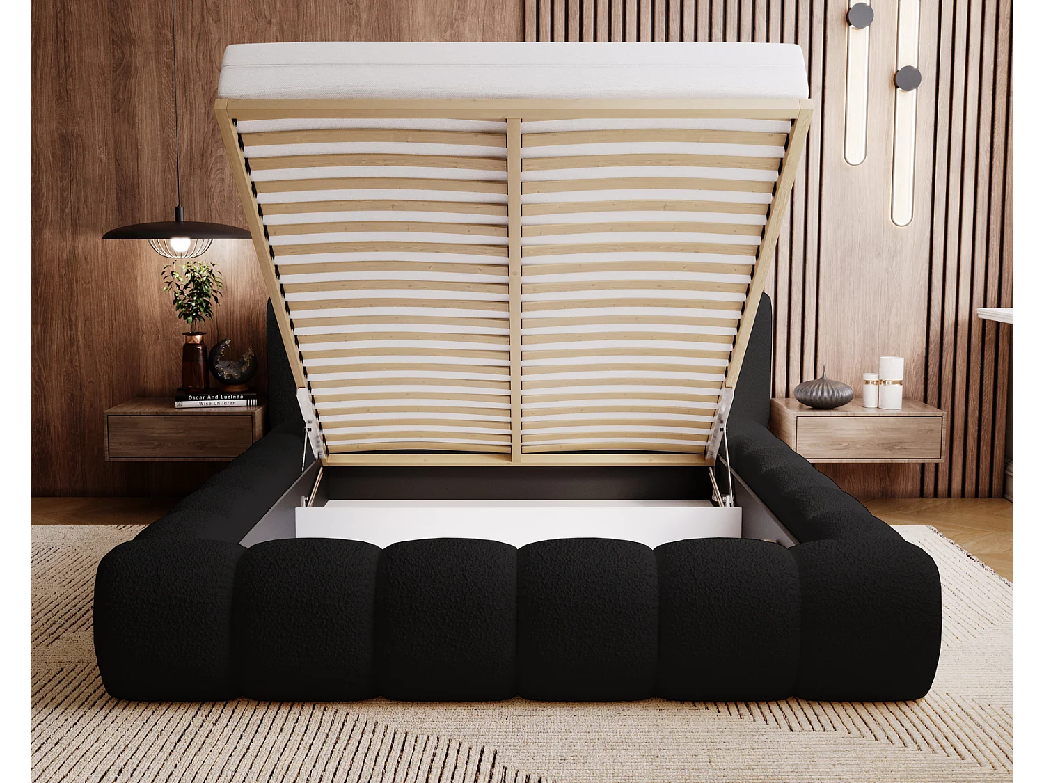 Emporius Cloud Lit rembourré 180x200 - Lit coffre avec rangement et sommier à lattes - Lit double 180x200 cm, tissu bouclé Noir (Anthology 19)