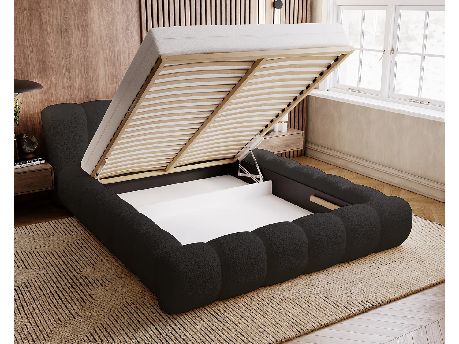 Emporius Cloud Lit rembourré 180x200 - Lit coffre avec rangement et sommier à lattes - Lit double 180x200 cm, tissu bouclé Noir (Anthology 19)