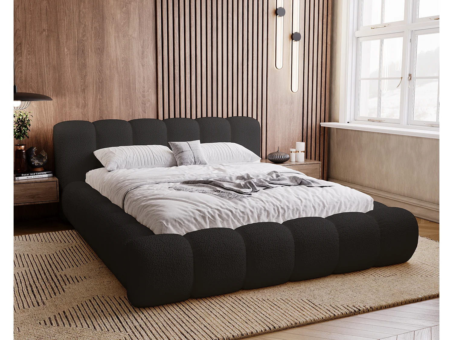 Emporius Cloud Lit rembourré 180x200 - Lit coffre avec rangement et sommier à lattes - Lit double 180x200 cm, tissu bouclé Noir (Anthology 19)