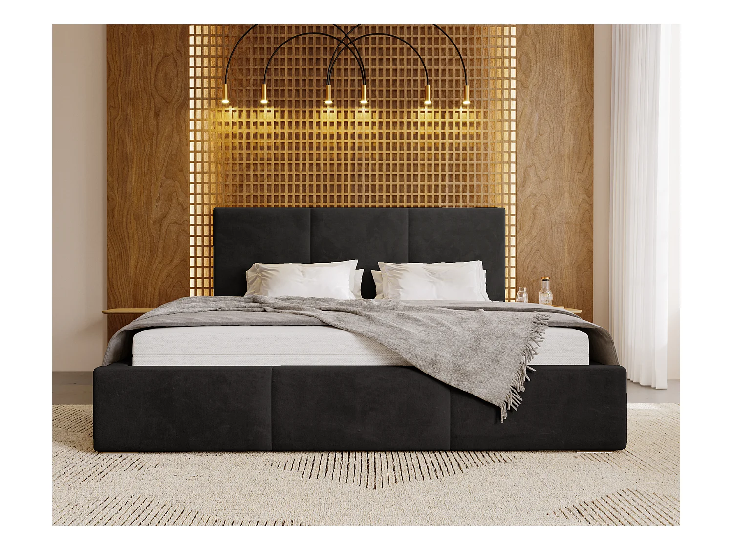 Emporius Lit 140x200 Lary - Lit avec rangement, Lit adulte rembourré - sommier à Lattes, tissu velours Noir (Magic Velvet 2219)