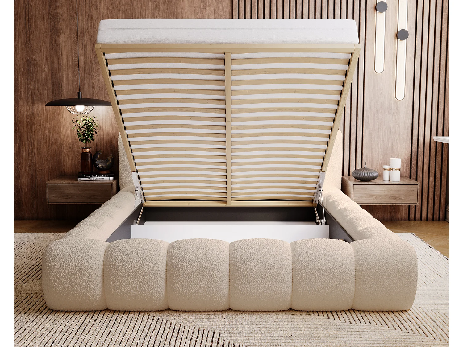 Emporius Cloud Gestoffeerd bed 160x200 cm  - tweepersoonsbed, luxe bed met lattenbodem, opbergruimte - Bouclé Beige (Anthology 3)