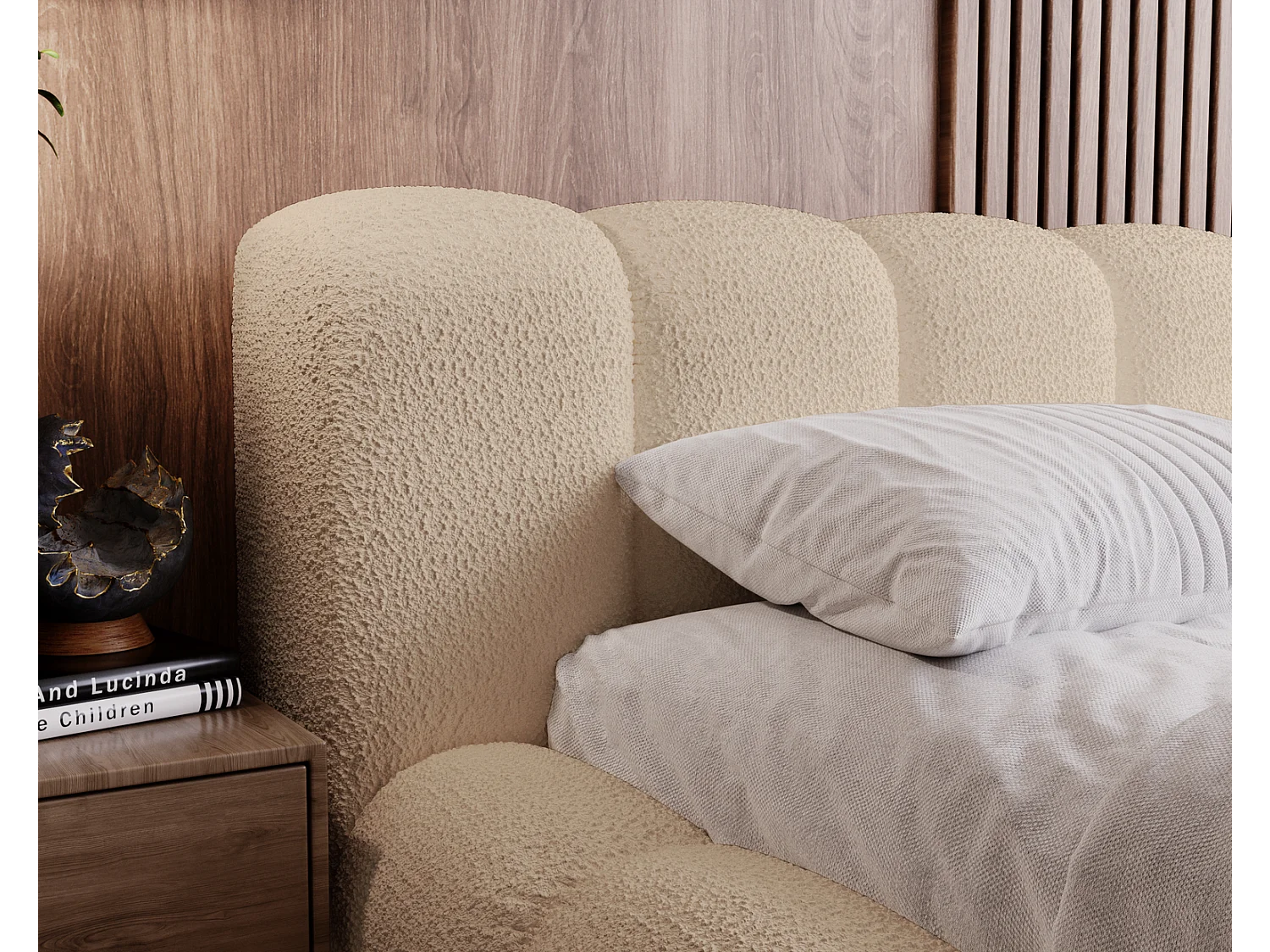 Emporius Cloud Lit rembourré 160x200 - Lit coffre avec rangement et sommier à lattes - Lit double 160x200 cm, tissu bouclé Beige (Anthology 3)