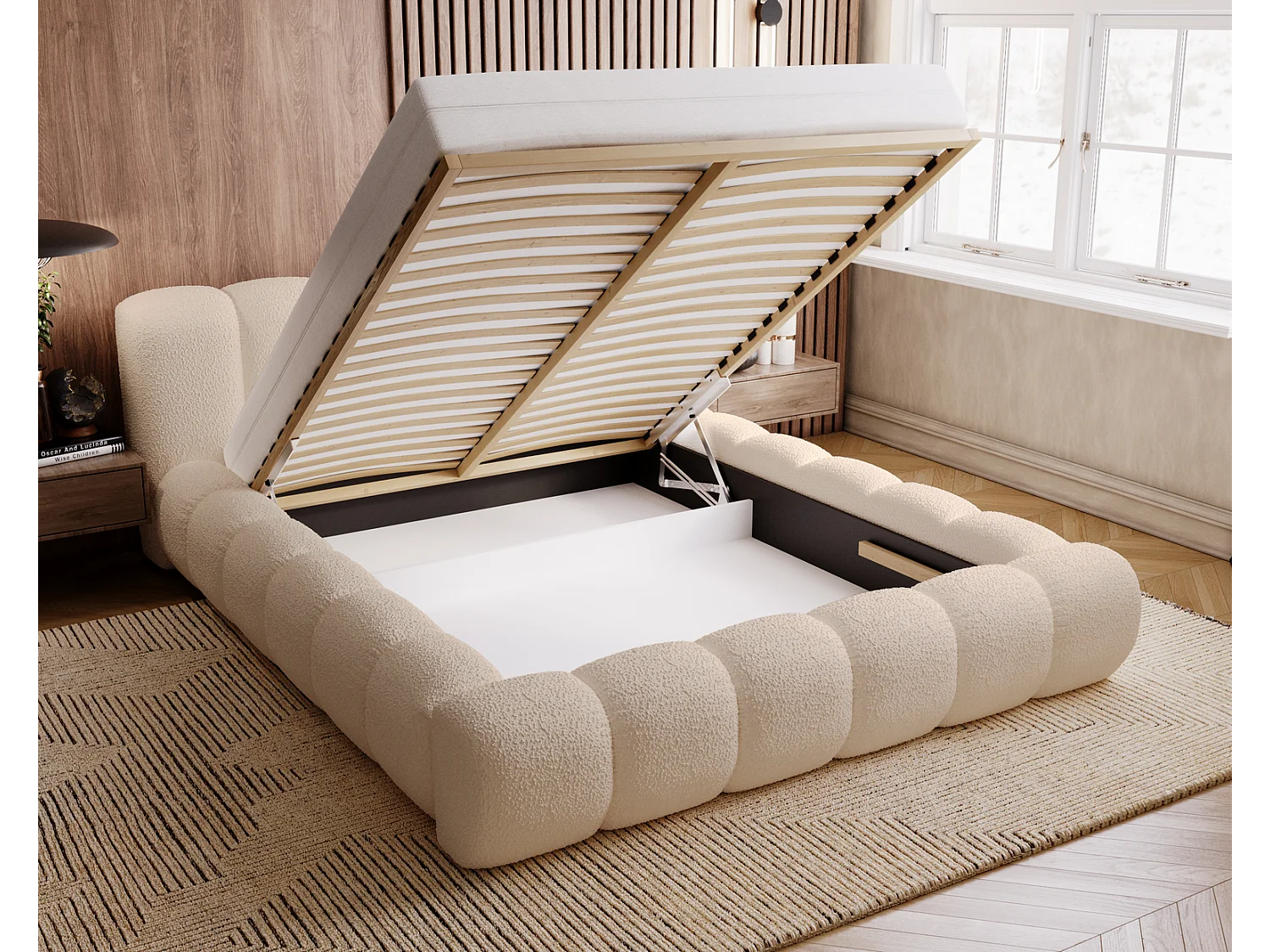 Emporius Cloud Lit rembourré 160x200 - Lit coffre avec rangement et sommier à lattes - Lit double 160x200 cm, tissu bouclé Beige (Anthology 3)