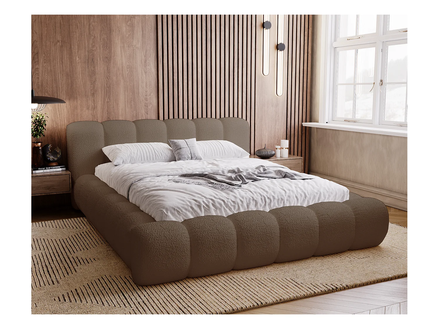 Emporius Cloud Lit rembourré 140x200 - Lit coffre avec rangement et sommier à lattes - Lit double 140x200 cm, tissu bouclé Brun (Anthology 5)