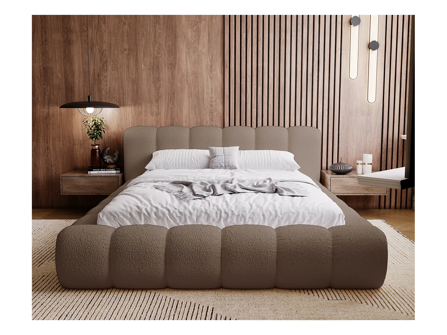 Emporius Cloud Lit rembourré 140x200 - Lit coffre avec rangement et sommier à lattes - Lit double 140x200 cm, tissu bouclé Brun (Anthology 5)