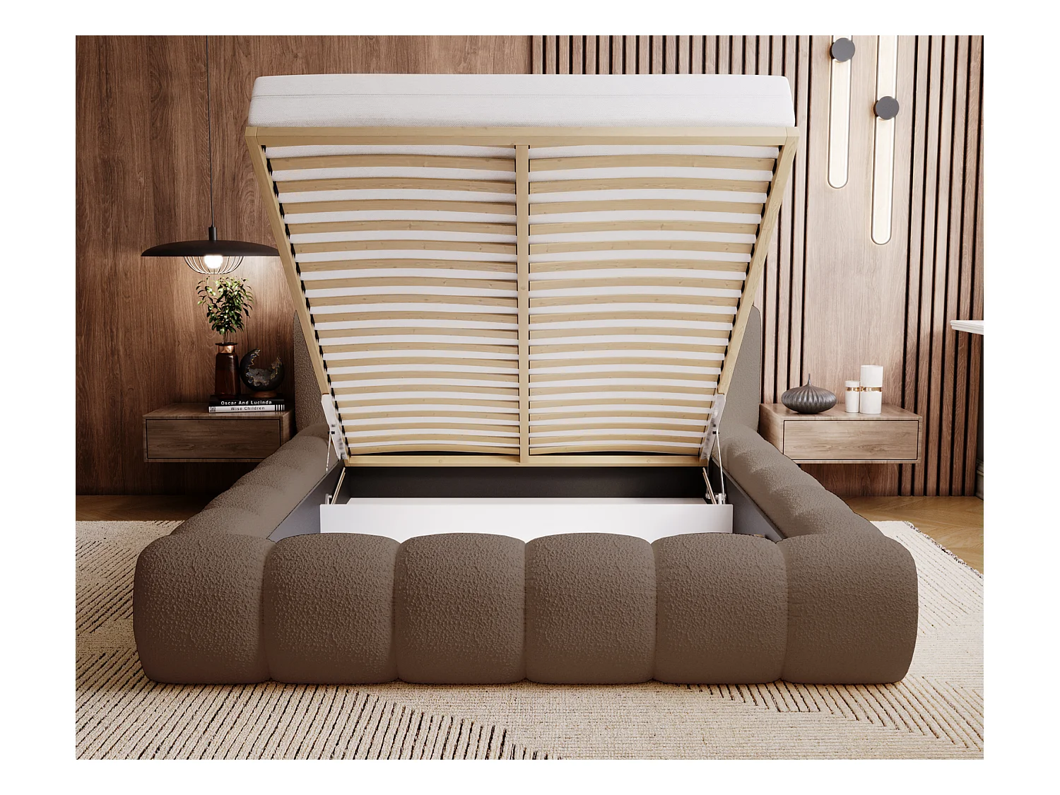 Emporius Cloud Lit rembourré 140x200 - Lit coffre avec rangement et sommier à lattes - Lit double 140x200 cm, tissu bouclé Brun (Anthology 5)