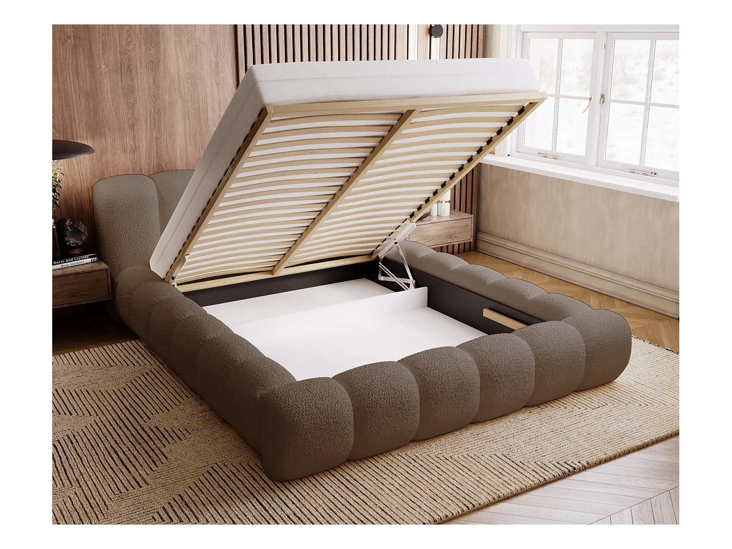 Emporius Cloud Lit rembourré 140x200 - Lit coffre avec rangement et sommier à lattes - Lit double 140x200 cm, tissu bouclé Brun (Anthology 5)