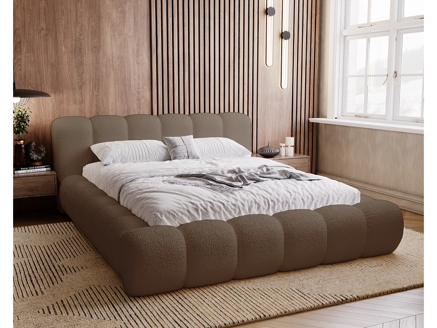 Emporius Cloud Lit rembourré 140x200 - Lit coffre avec rangement et sommier à lattes - Lit double 140x200 cm, tissu bouclé Brun (Anthology 5)