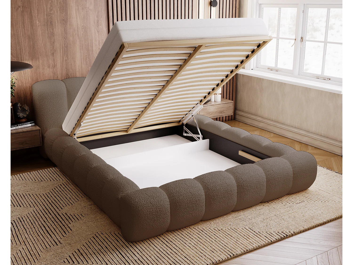 Emporius Cloud Lit rembourré 140x200 - Lit coffre avec rangement et sommier à lattes - Lit double 140x200 cm, tissu bouclé Brun (Anthology 5)