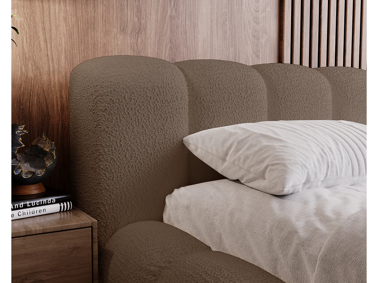 Emporius Cloud Lit rembourré 140x200 - Lit coffre avec rangement et sommier à lattes - Lit double 140x200 cm, tissu bouclé Brun (Anthology 5)