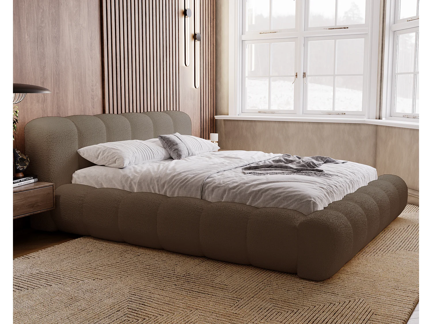 Emporius Cloud Lit rembourré 140x200 - Lit coffre avec rangement et sommier à lattes - Lit double 140x200 cm, tissu bouclé Brun (Anthology 5)